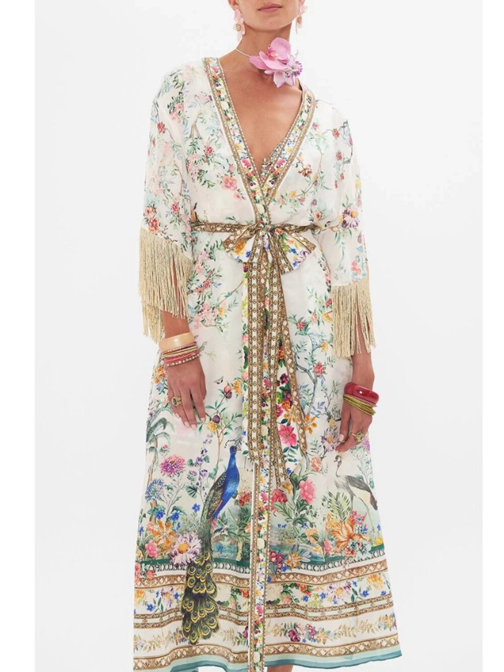 Camilla Kimono Wrap Layer Maxi Dress with Macrame Fringe Small